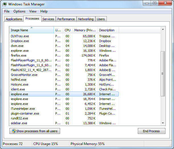 internet explorer task manager windows 7